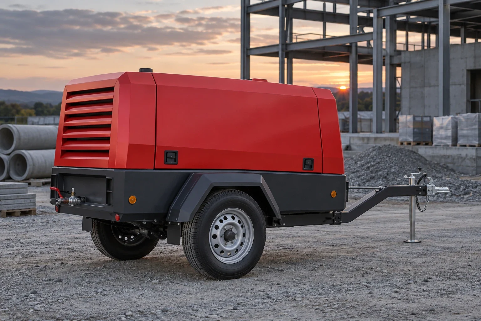 Roter fahrbarer Baukompressor mit Rädern und Zugdeichsel