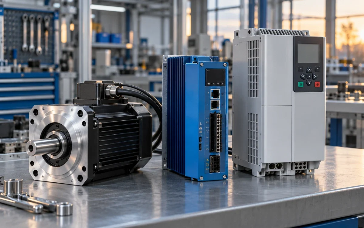 Servomotor, Servoregler und Frequenzumrichter in einer Maschinenhalle