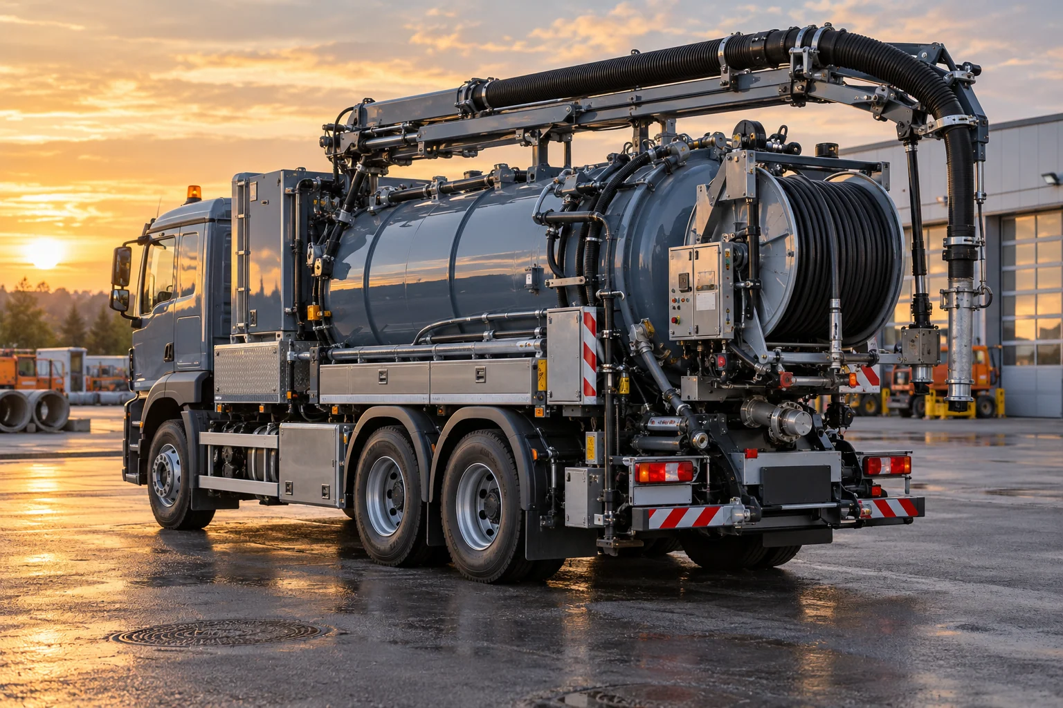 Kanalreinigungsfahrzeug mit Saugschlauch und Hochdruck-Spültechnik
