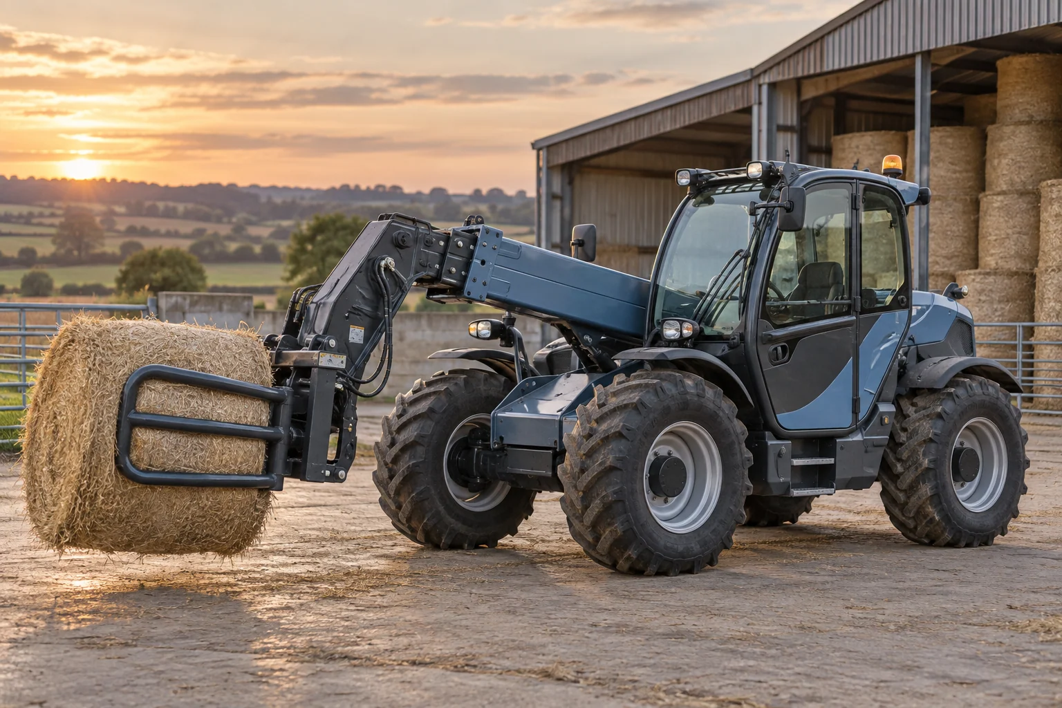 Landwirtschaftlicher Teleskoplader beim Ballenhandling auf einem professionellen Hof