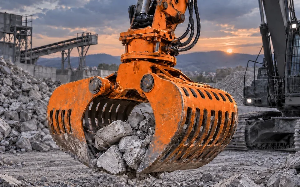Hydraulischer Sortiergreifer am Bagger bei der Materialsortierung