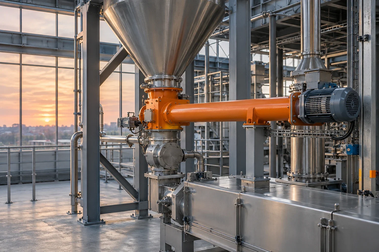 Industrieller Dosiertrichter mit Schneckenförderer zur Pulver- und Schüttgutdosierung