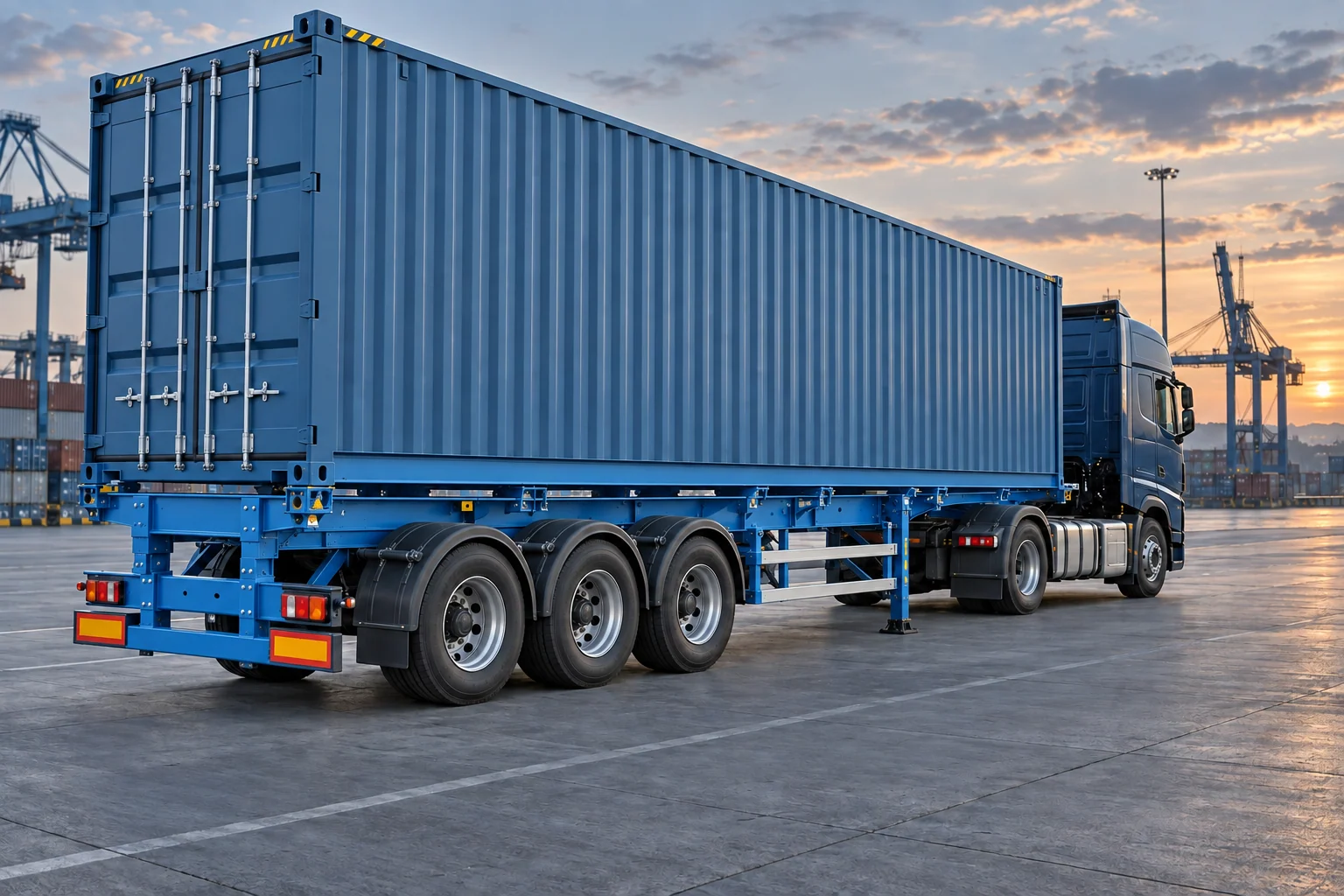 Containerauflieger mit sichtbarem Chassis und 40-Fuß-Container im Terminal bei warmem Abendlicht