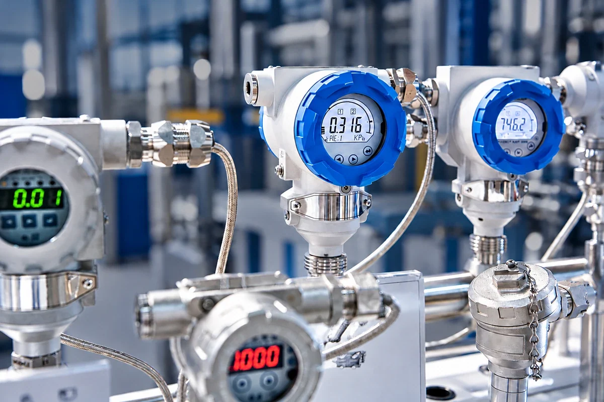 Industrielle Messumformer mit digitalen Anzeigen und angeschlossenen Messleitungen