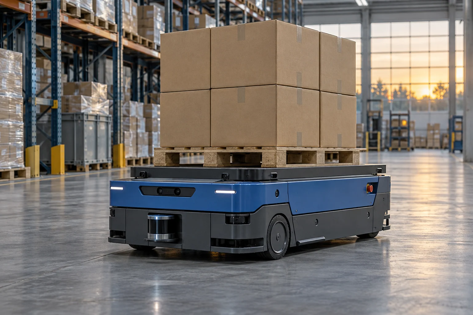 Blauer autonomer mobiler Transportroboter mit Palettenladung im industriellen Lager