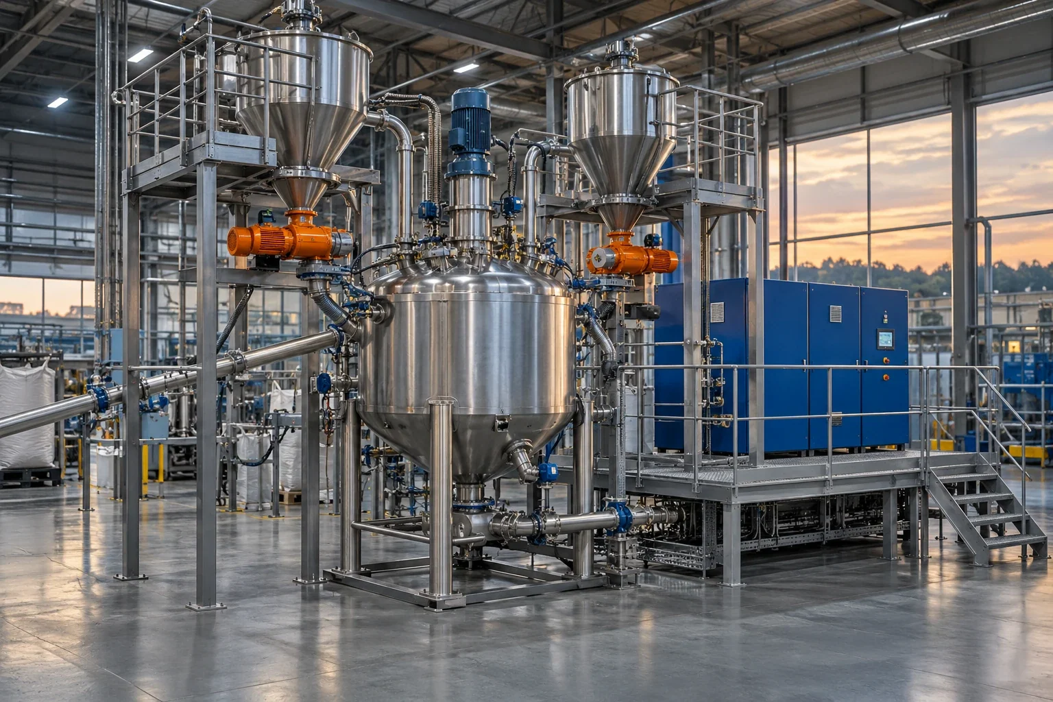 Integrierte Misch- und Dosieranlage mit Behältern, Materialzuführung und Steuerung
