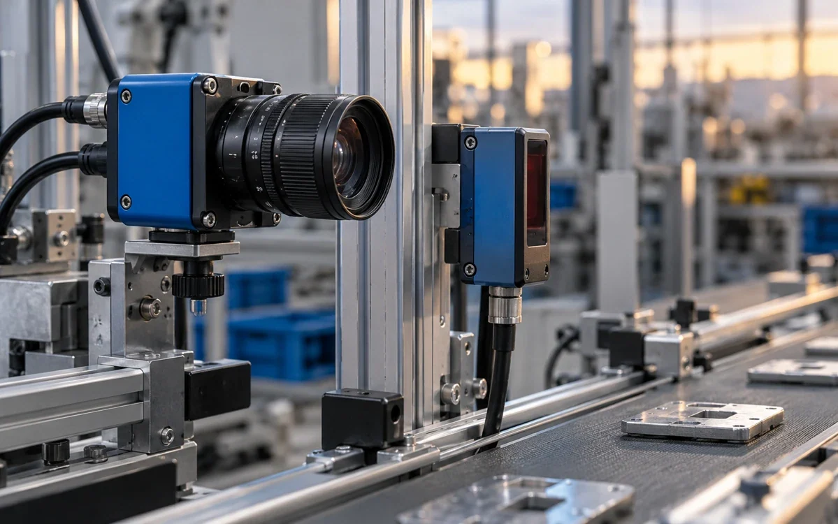 Industriekamera und optischer Abstandssensor an einer Prüflinie