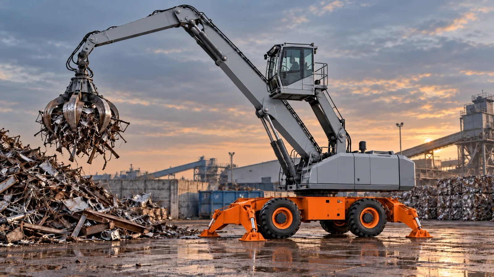 Mobile Umschlagmaschine mit Radfahrwerk und Greifer im industriellen Einsatz