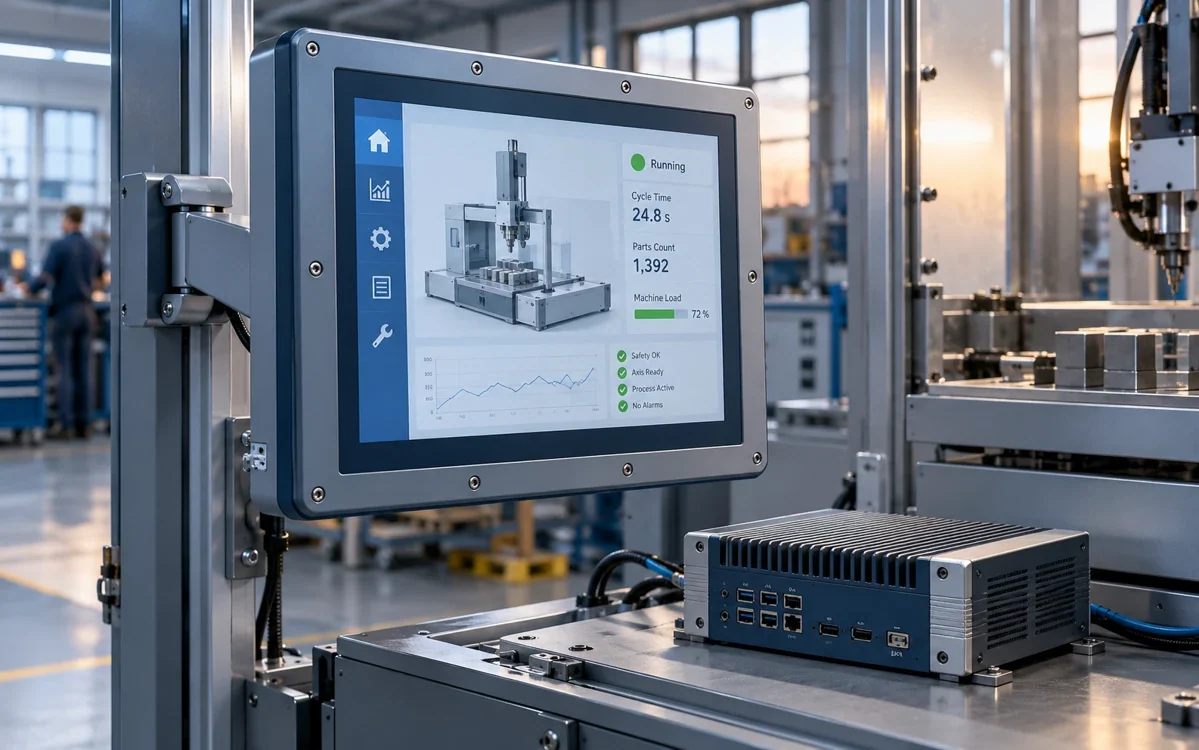 Physischer Industrie-PC und HMI-Bedienpanel an einem Maschinenarbeitsplatz