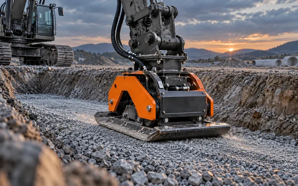 Hydraulischer Anbauverdichter am Bagger bei der Grabenverdichtung