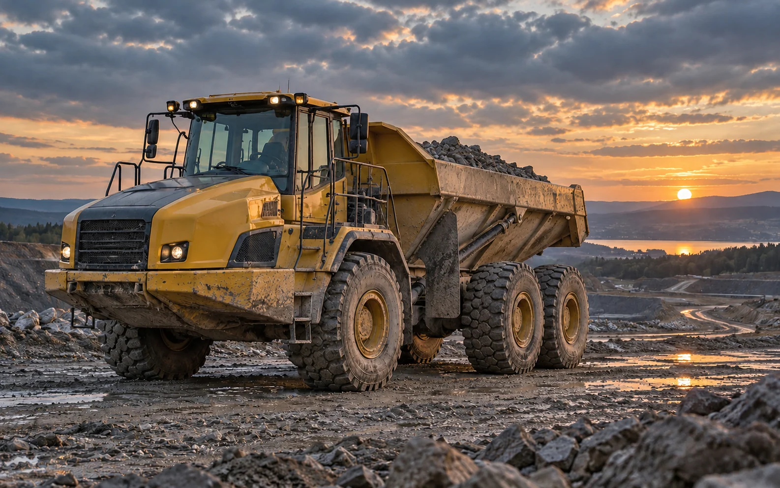 Baustellentransport & Materialbewegung im Sonnenuntergang
