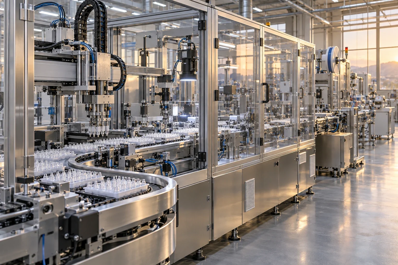 Industrielle Montage- und Verpackungsanlage für medizintechnische Komponenten