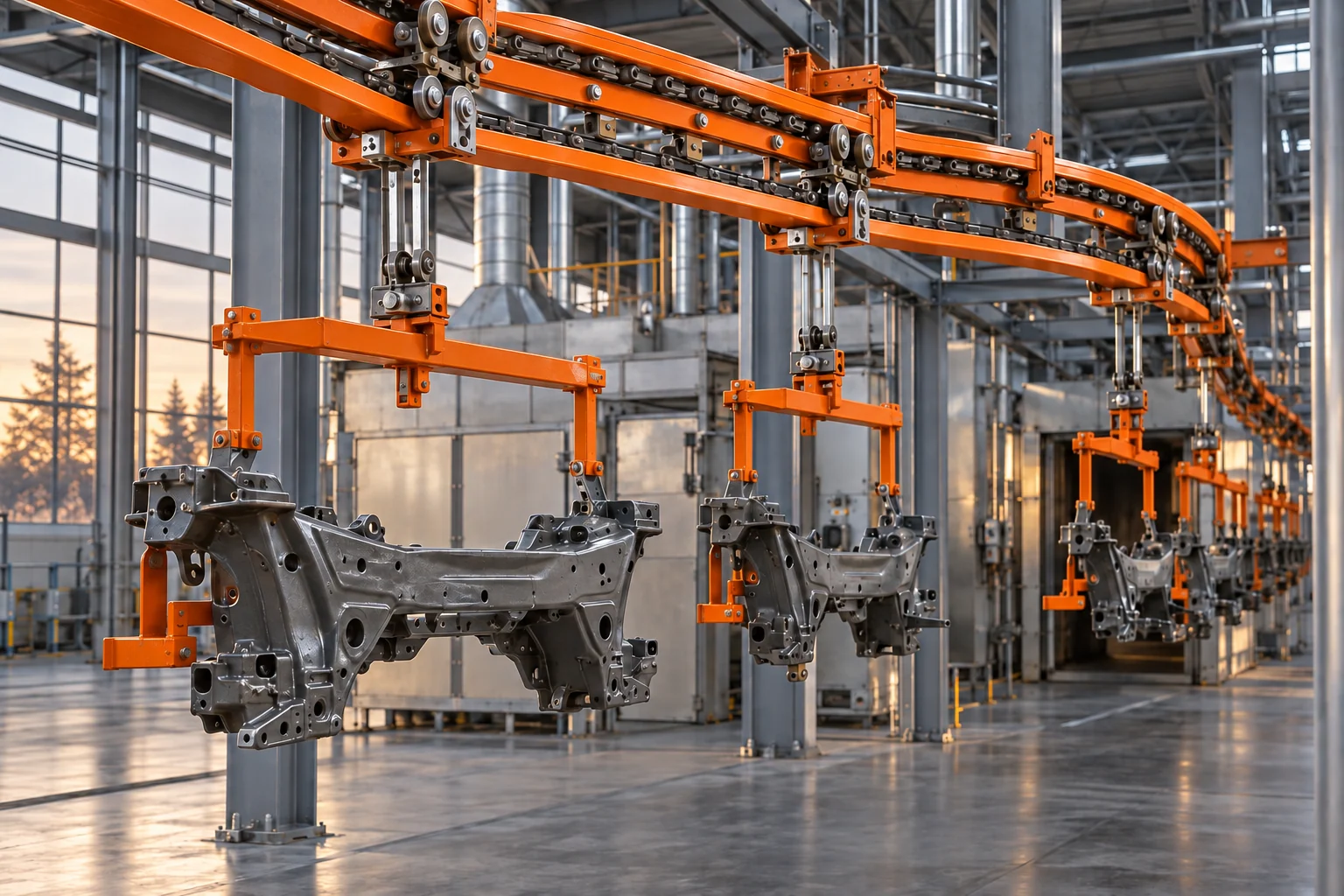 Industrielle Hängeförderanlage mit Schienen, Carriern und hängenden Werkstücken