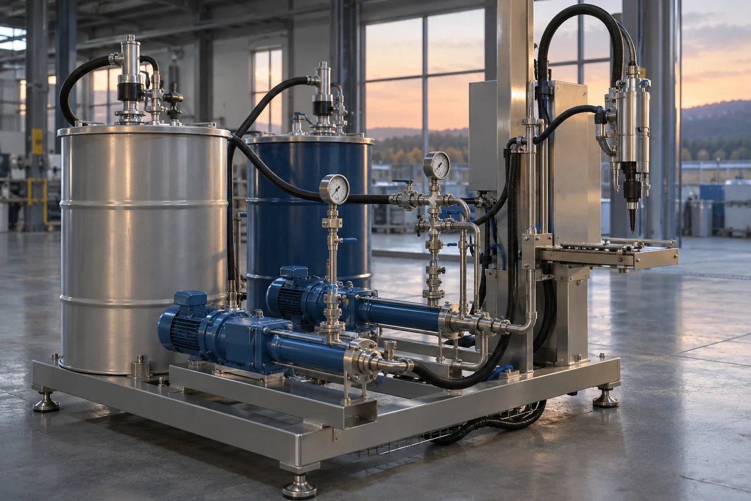 Integriertes Dosiersystem für Flüssigkeiten und Pasten mit Materialversorgung und Pumpenmodulen