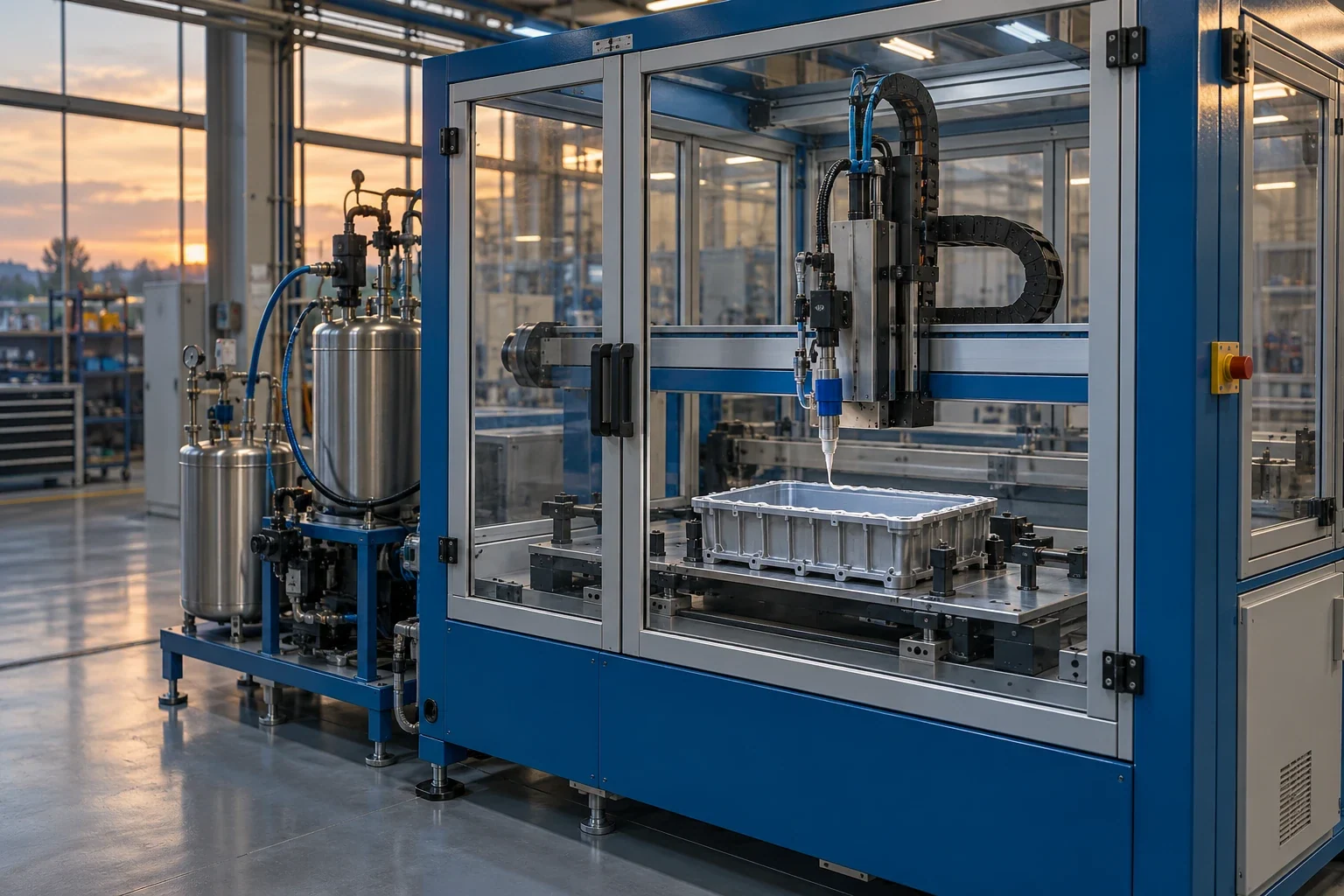 Automatisierte Dosierzelle mit Applikationsdüse über einem industriellen Werkstück