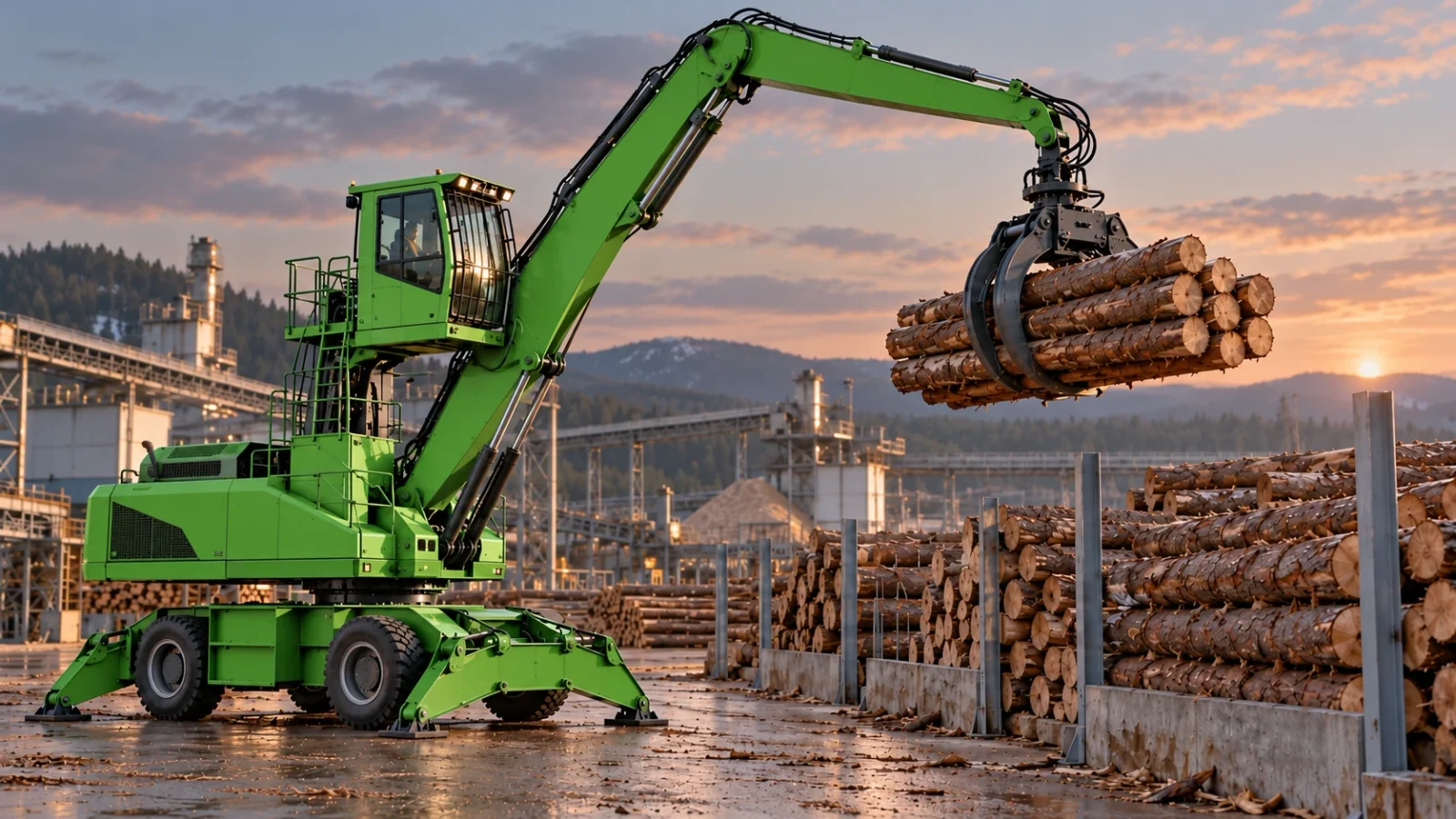 Umschlagmaschine mit Holzgreifer beim Verladen von Rundholz