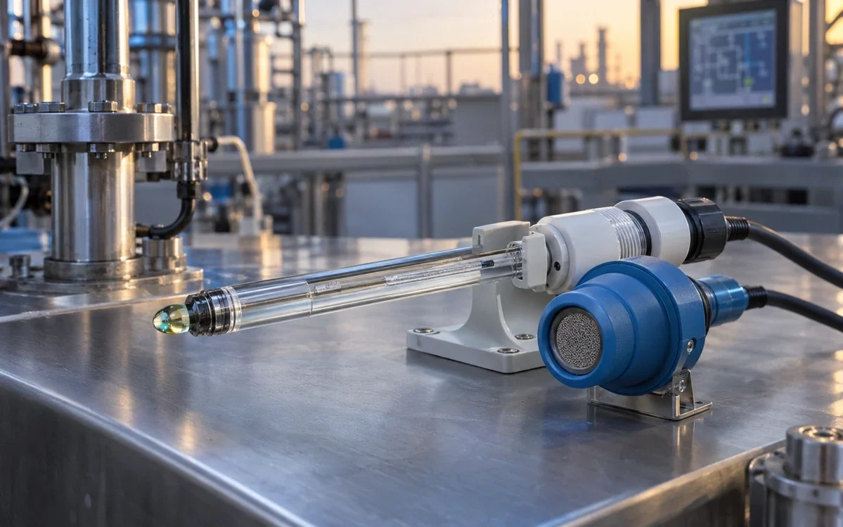 pH-Elektrode und Gassensormodul auf einem Analysearbeitsplatz