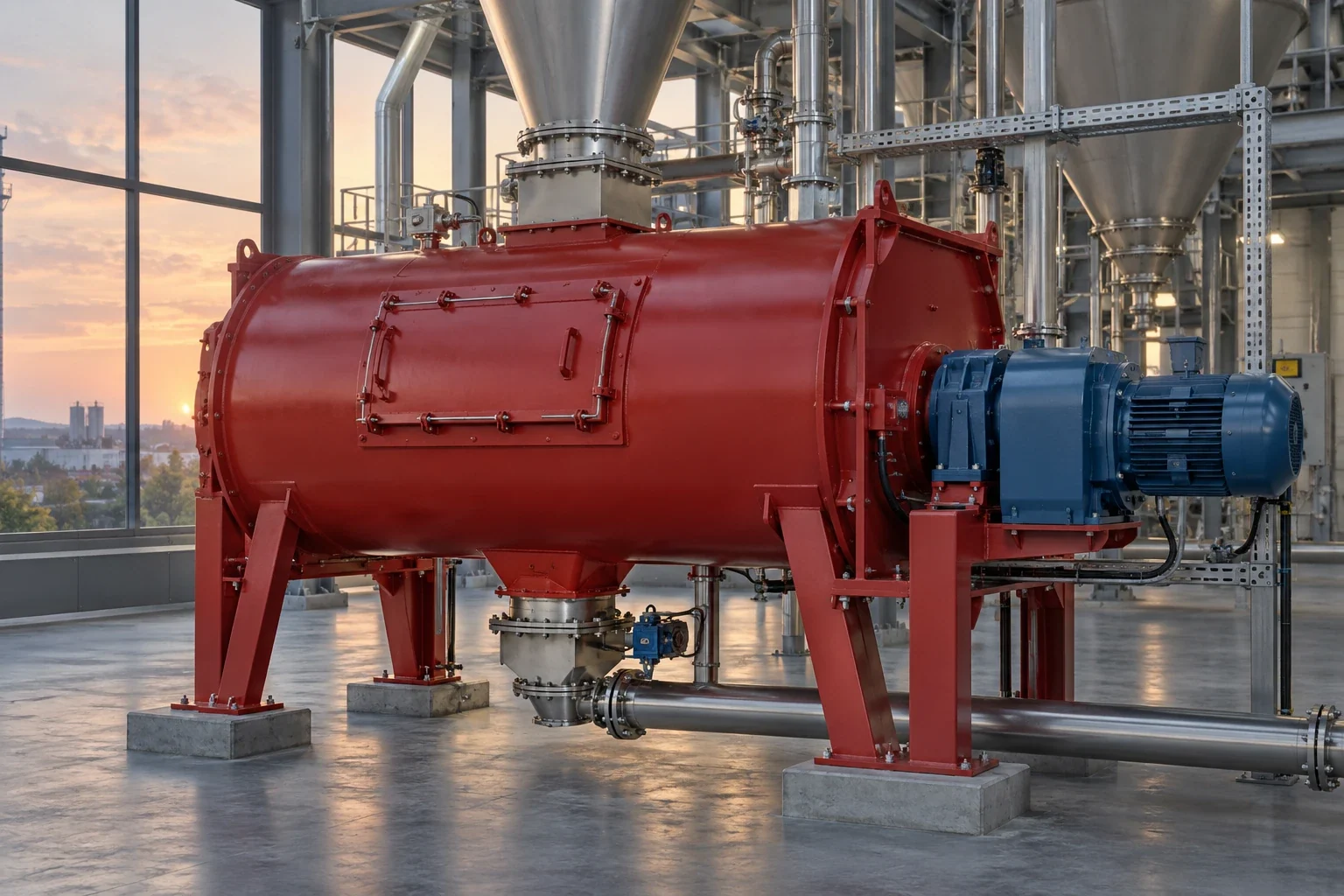 Großer horizontaler Industriemischer für Pulver und Schüttgüter mit Antrieb und Materialeinlass