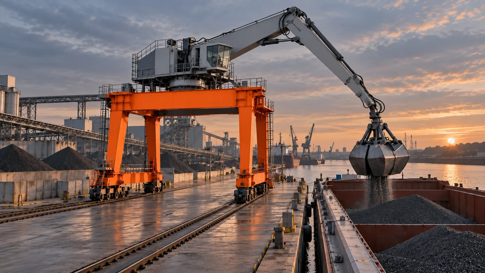 Portal-Umschlagmaschine auf Schienen im industriellen Hafenumschlag