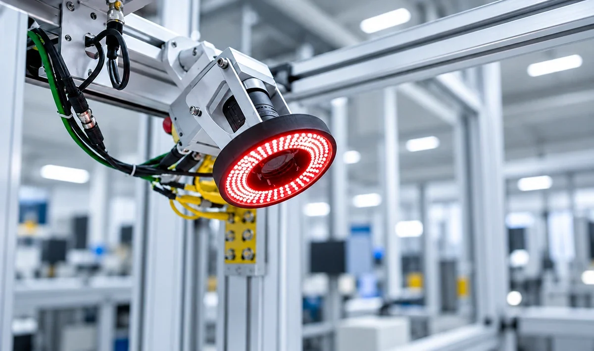 Industriekamera mit roter Ringbeleuchtung in einer automatisierten Anlage