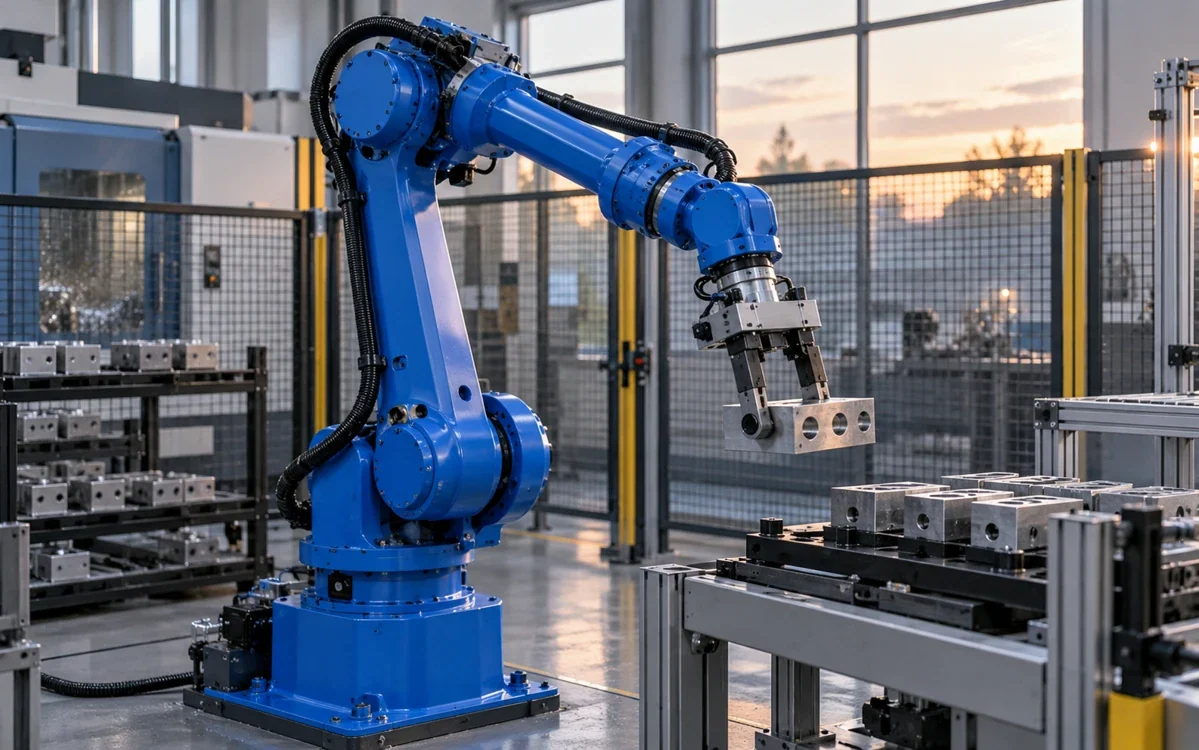 Blauer Industrieroboter mit Greifer in einer Fertigungszelle