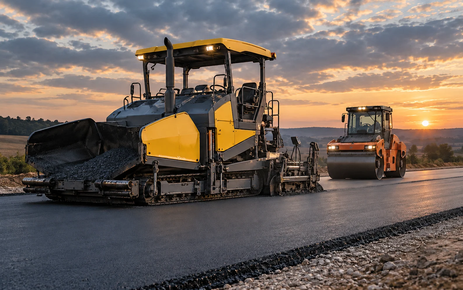 Straßenbaumaschinen im Sonnenuntergang