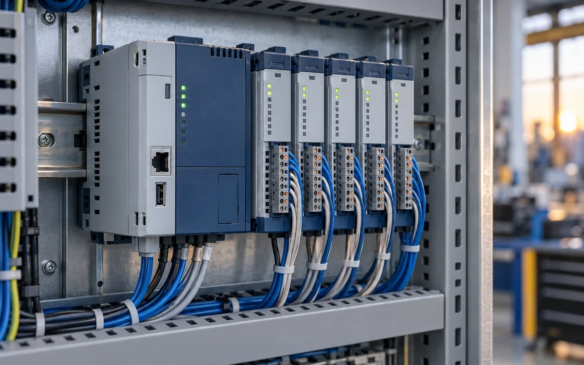 Modulare SPS und I/O-Baugruppen auf einer Hutschiene im Schaltschrank