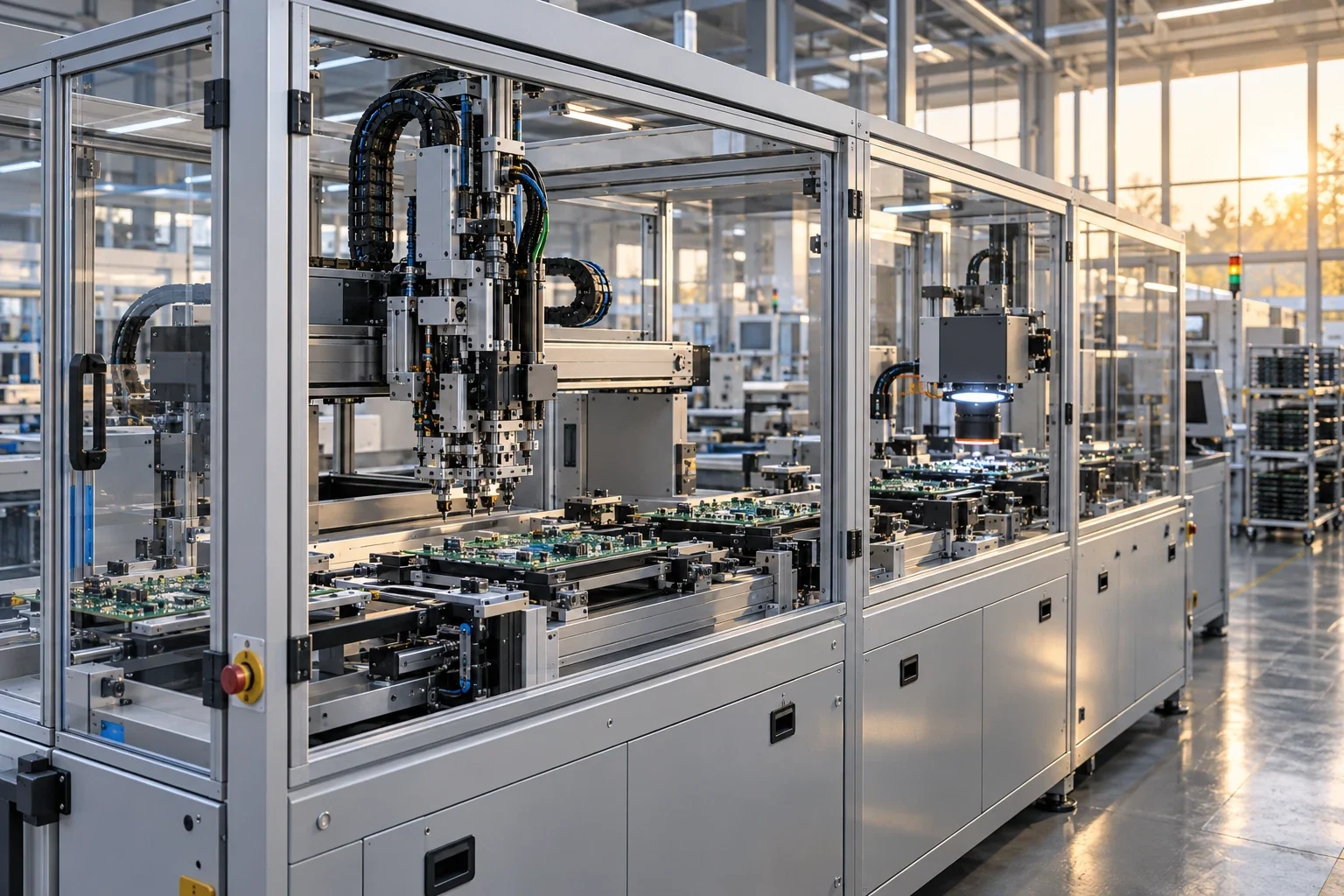 Automatisierte Elektronikfertigungsanlage mit Montage- und optischer Prüfstation