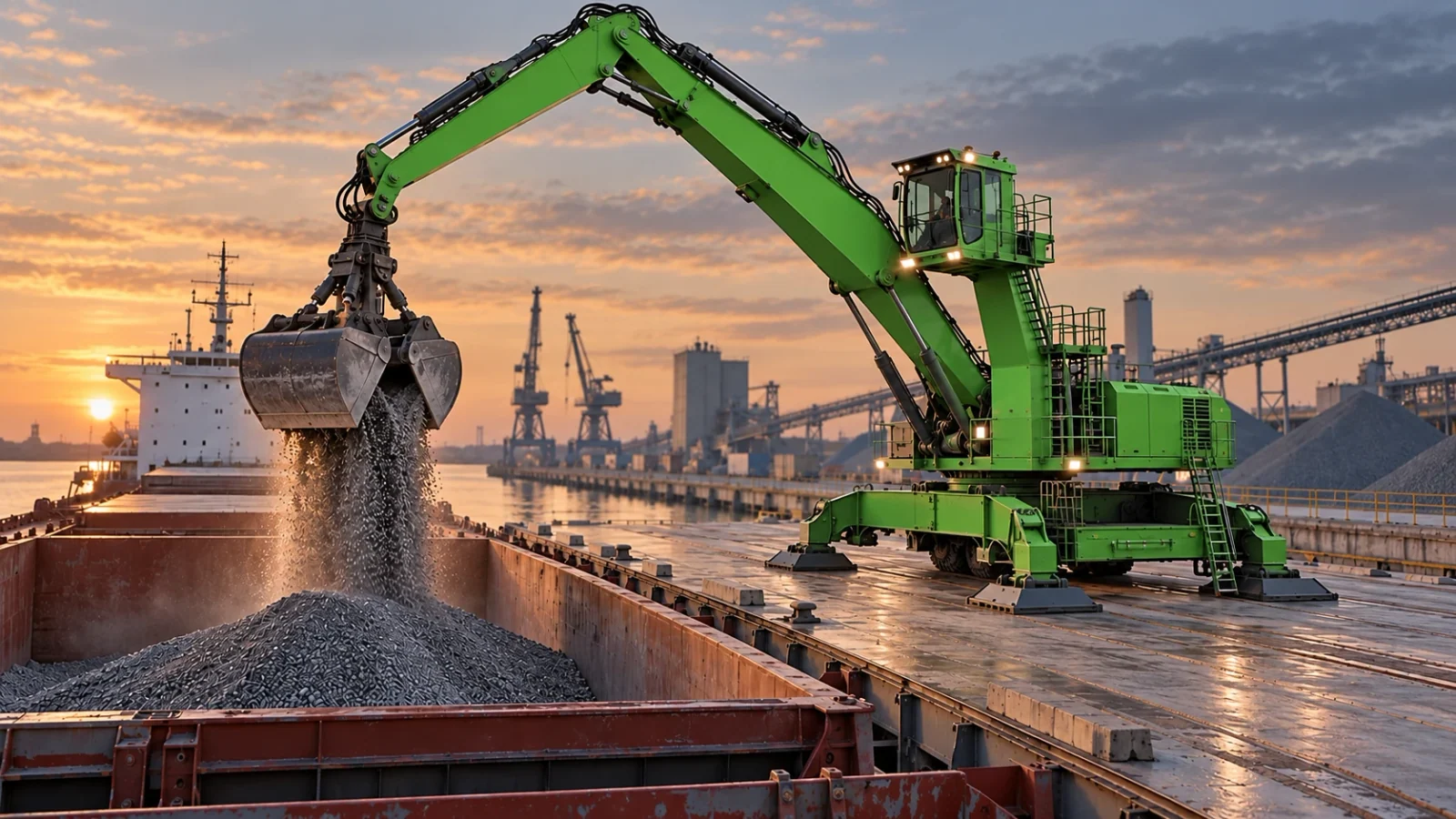 Große Umschlagmaschine mit Greifer beim Schüttgutumschlag im Hafen