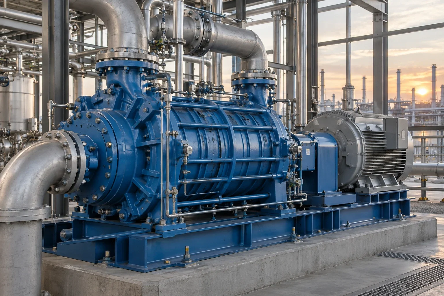 Blauer industrieller Turboverdichter mit Elektromotor und angeschlossener Rohrleitung