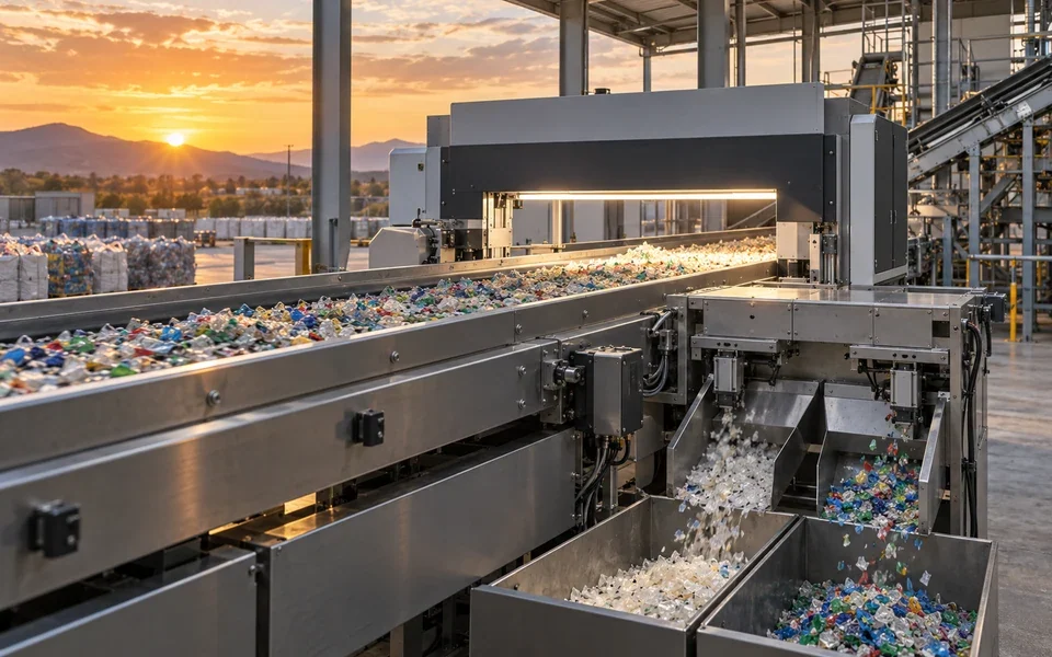 Industrielle sensorbasierte Sortiermaschine mit Förderband und Sensoreinheit