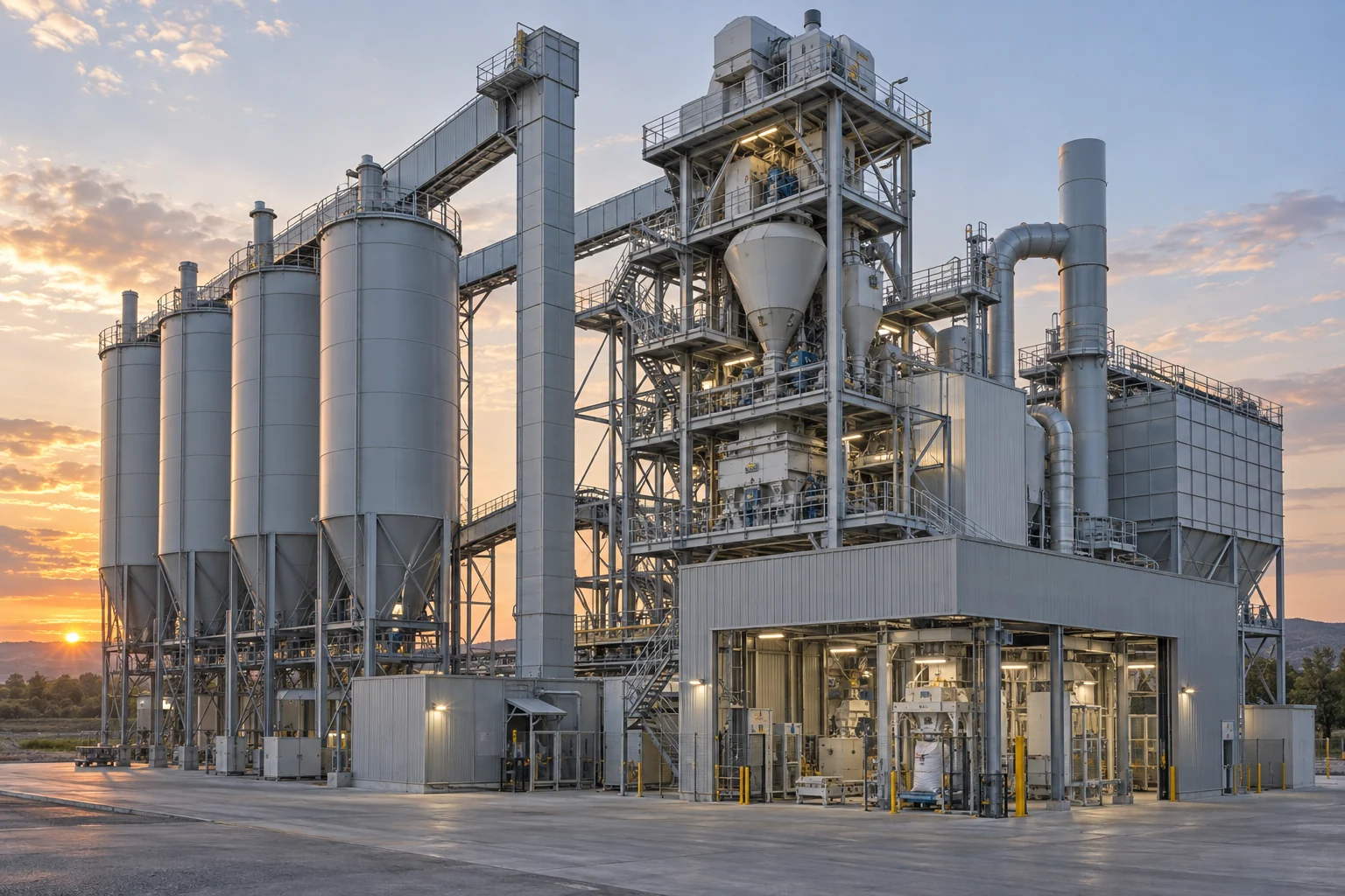 Industrielle Trockenmörtel- und Trockenbaustoffanlage mit Silos, Mischturm und Verpackungsstation