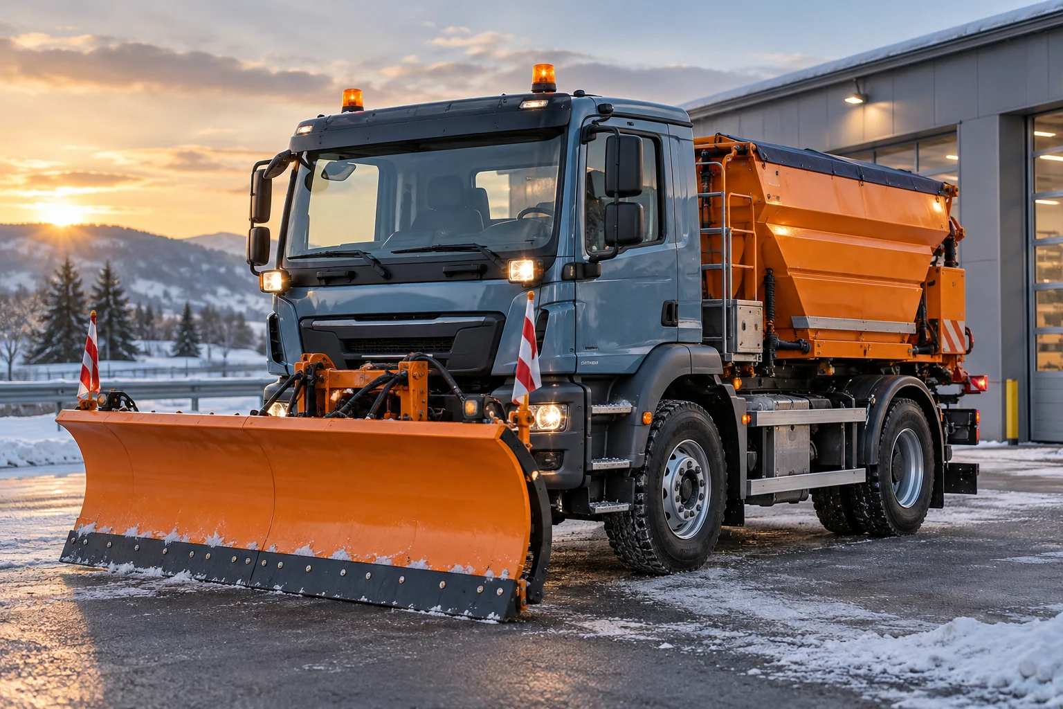Winterdienstfahrzeug mit Schneepflug und Streusystem