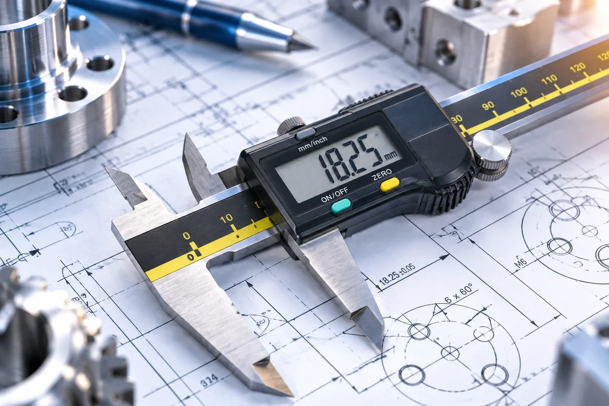 Digitaler Messschieber auf einer technischen Zeichnung mit Metallbauteilen