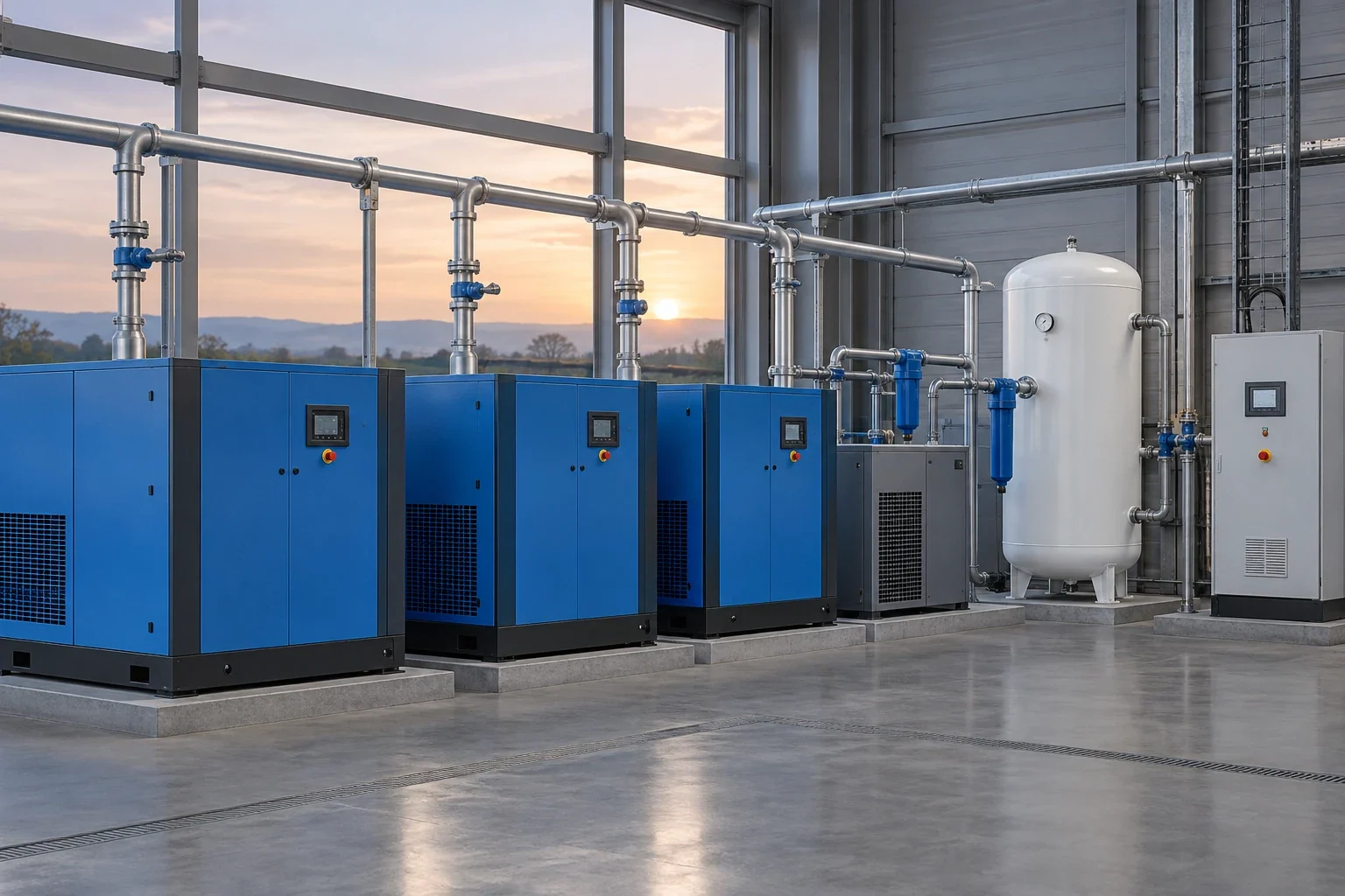 Industrielle Druckluftstation mit mehreren Kompressoren, Trockner und Speicher