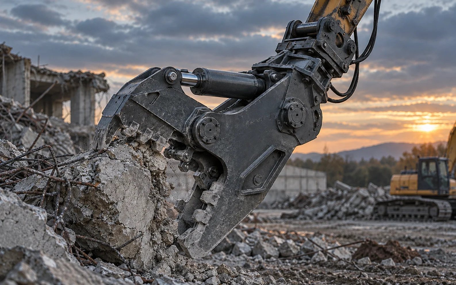 Hydraulischer Pulverisierer als Anbaugerät einer Baumaschine beim Zerkleinern von Stahlbeton